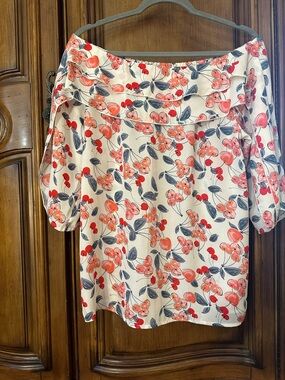 LikeNEW Zac& Rachel CHERRY 3/4 sleeve Ruffle Off-Shoulder Boat Neck Blouse Small